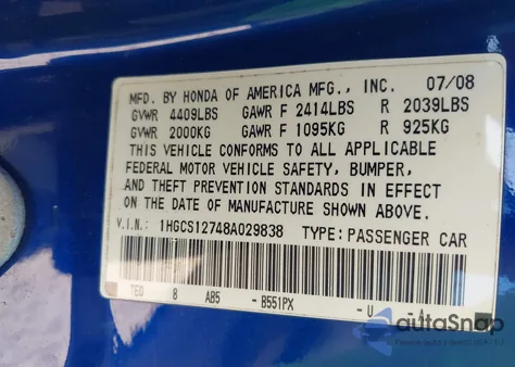 2008 Honda Accord 2.4 Ex from USA, damaged, VIN 1HGCS12748A029838